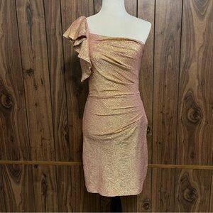 Hailey Logan Gold/pink Metallic One Shoulder Ruched Side Stretch Mini Dress Sz S